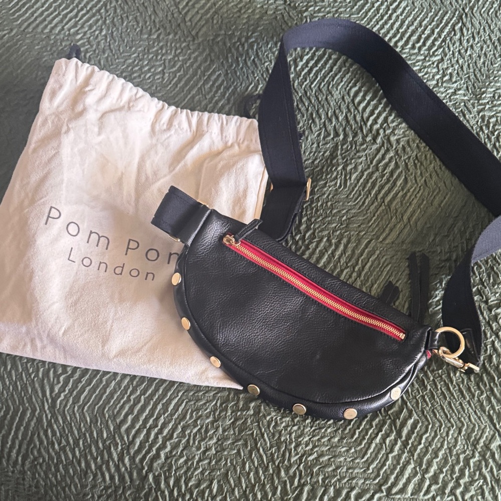 Hammitt Black Leather Crossbody Belt Bag with Red Zip